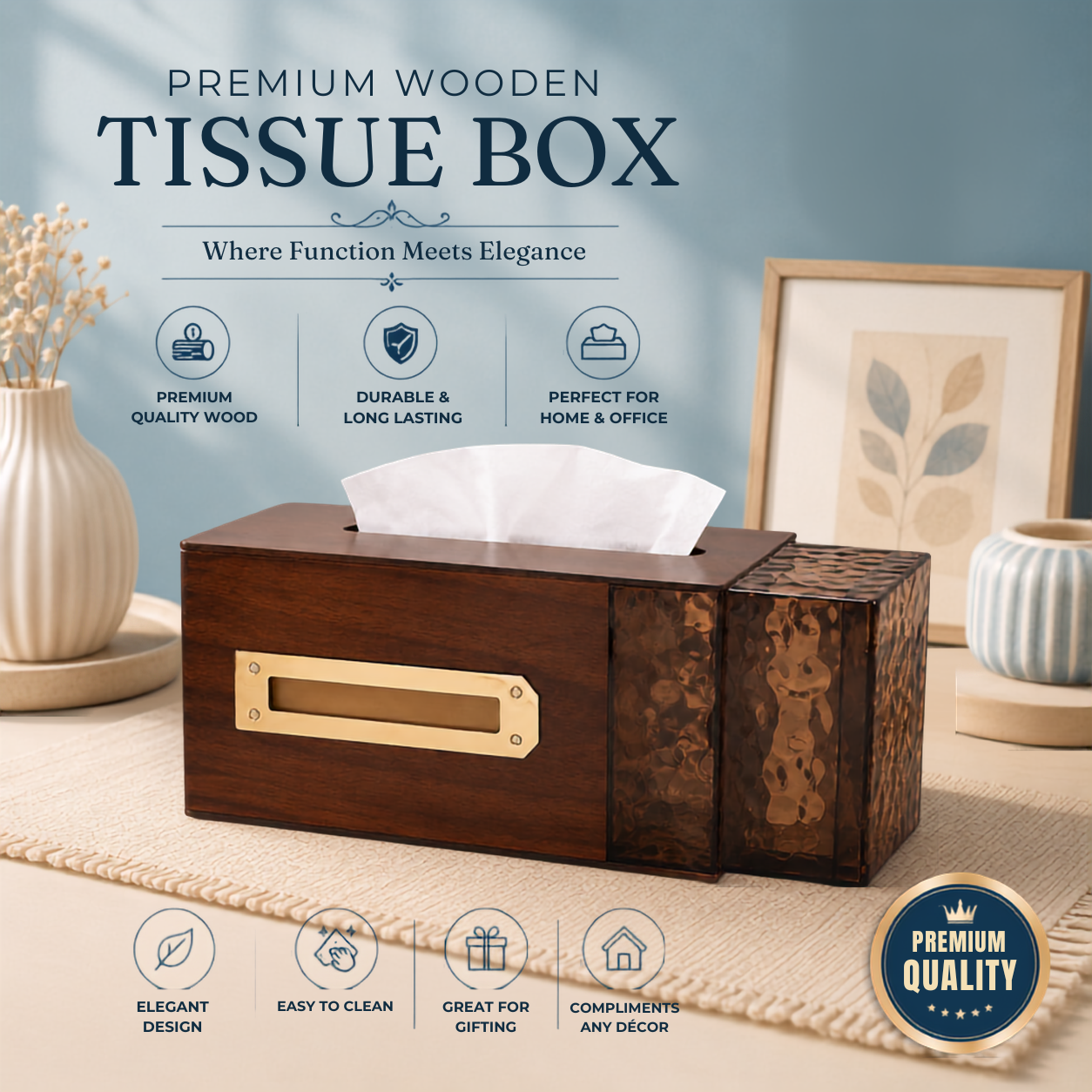 Premium Wooden Tissue Box with Storage Compartment