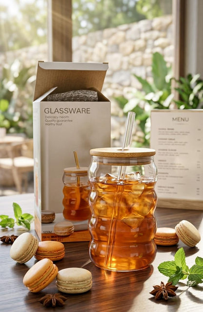 Ribbed Glass Tumbler with Bamboo Lid & Glass Straw 500ml