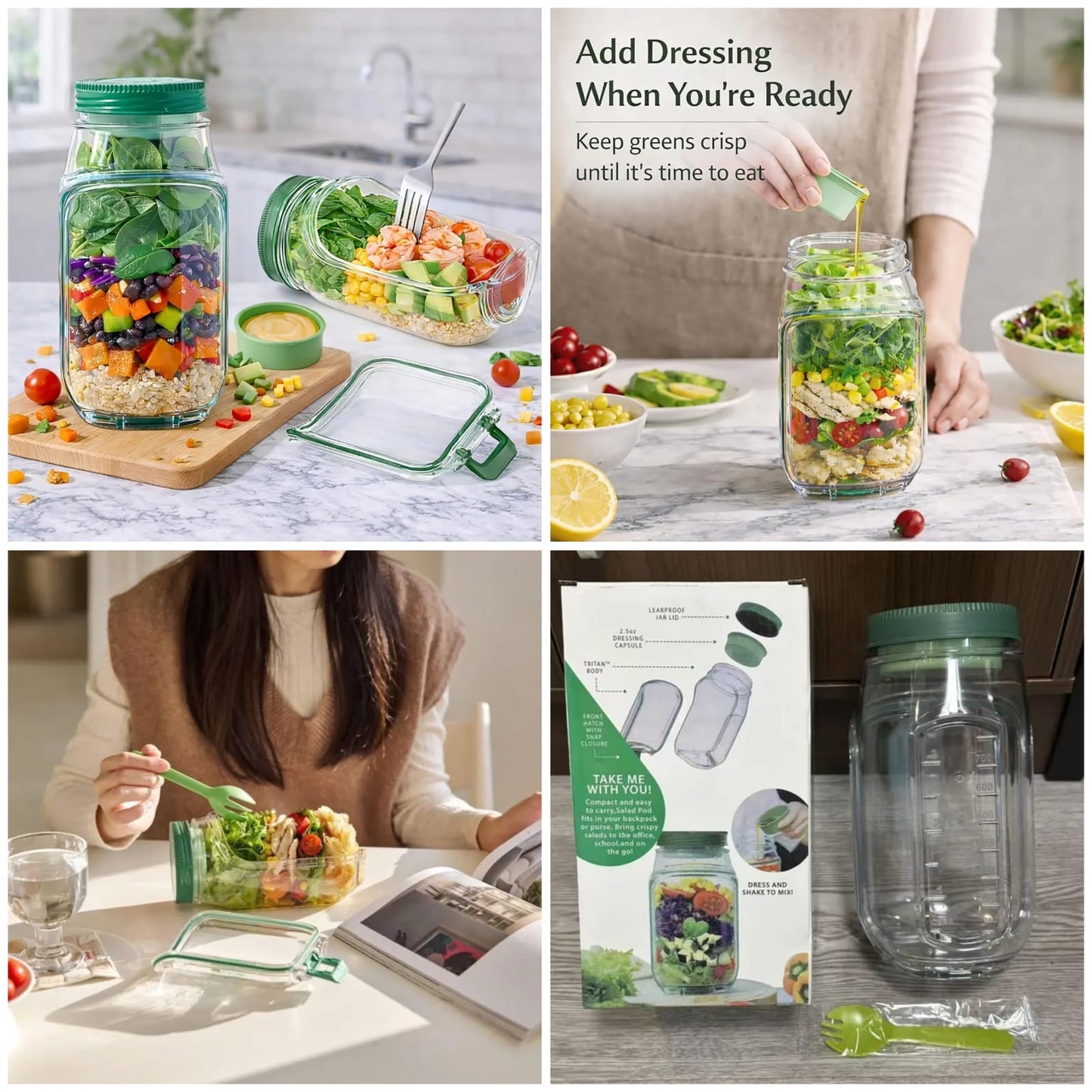 Salad Storage Jar with Dressing Container & Fork