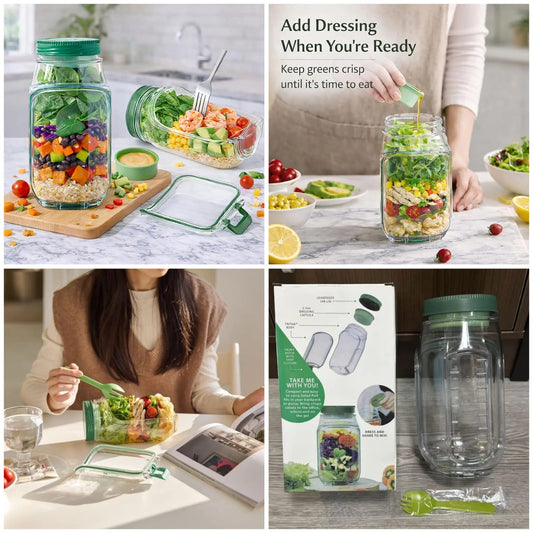 Salad Storage Jar with Dressing Container & Fork