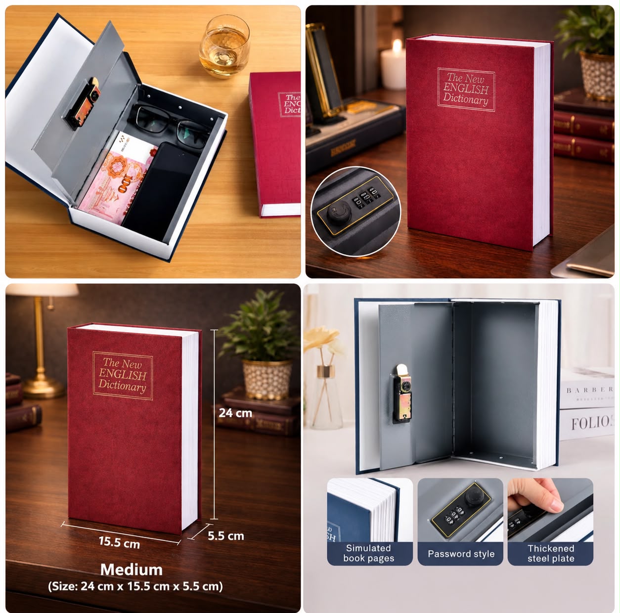 Hidden Book Safe Box with Combination Lock