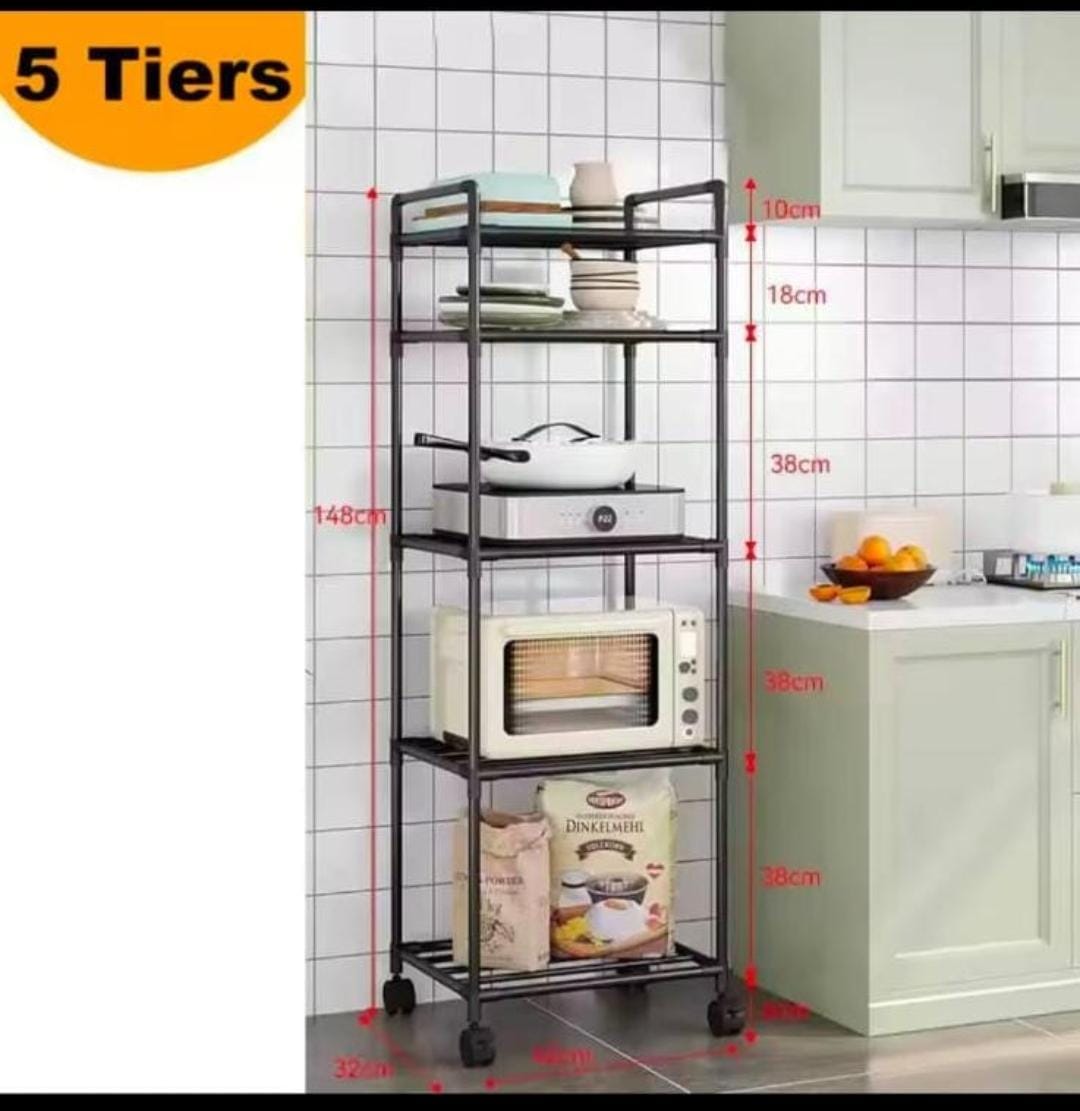 5-Tier Multipurpose Kitchen Storage & Microwave Rack with Wheels