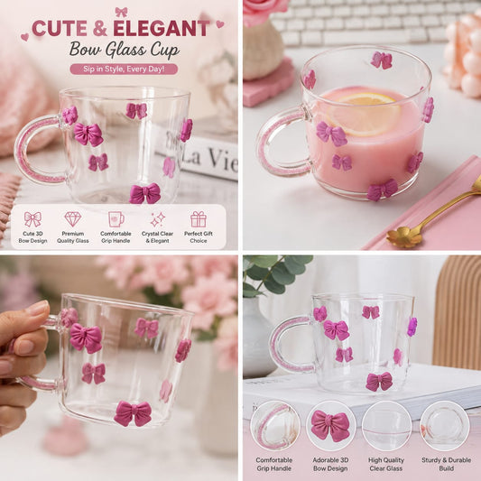 🎀 Cute & Elegant Bow Glass + Glitter Handle Cup