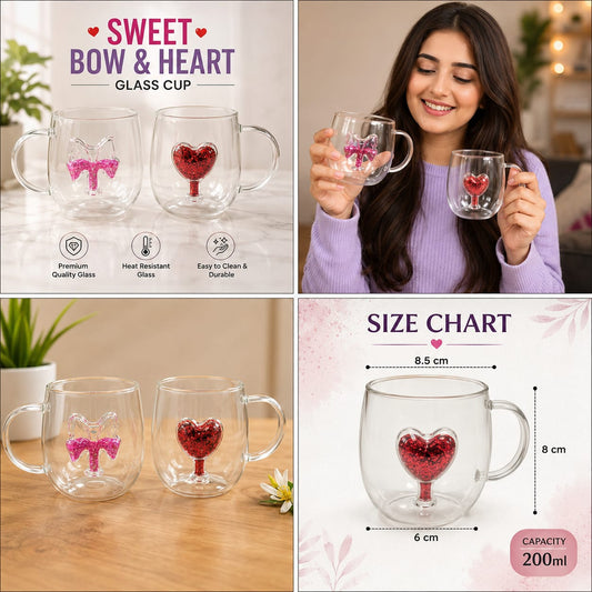 💕 Sweet Bow & Heart Glass Cup – 200ml