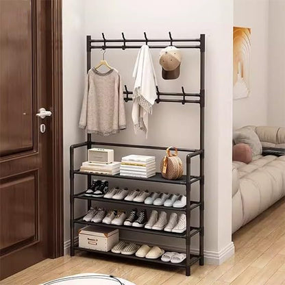 Multi-Functional 5-Tier Shoe Rack with Coat & Bag Hanging Organizer