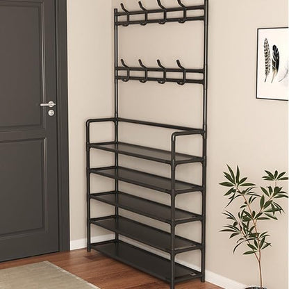 Multi-Functional 5-Tier Shoe Rack with Coat & Bag Hanging Organizer