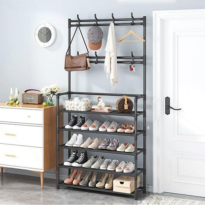 Multi-Functional 5-Tier Shoe Rack with Coat & Bag Hanging Organizer