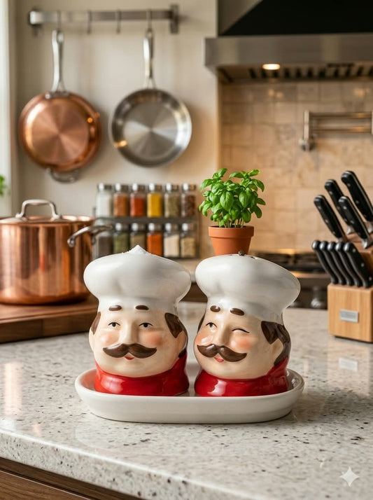👨🍳 Cute Chef Salt & Pepper Shaker Set with Tray