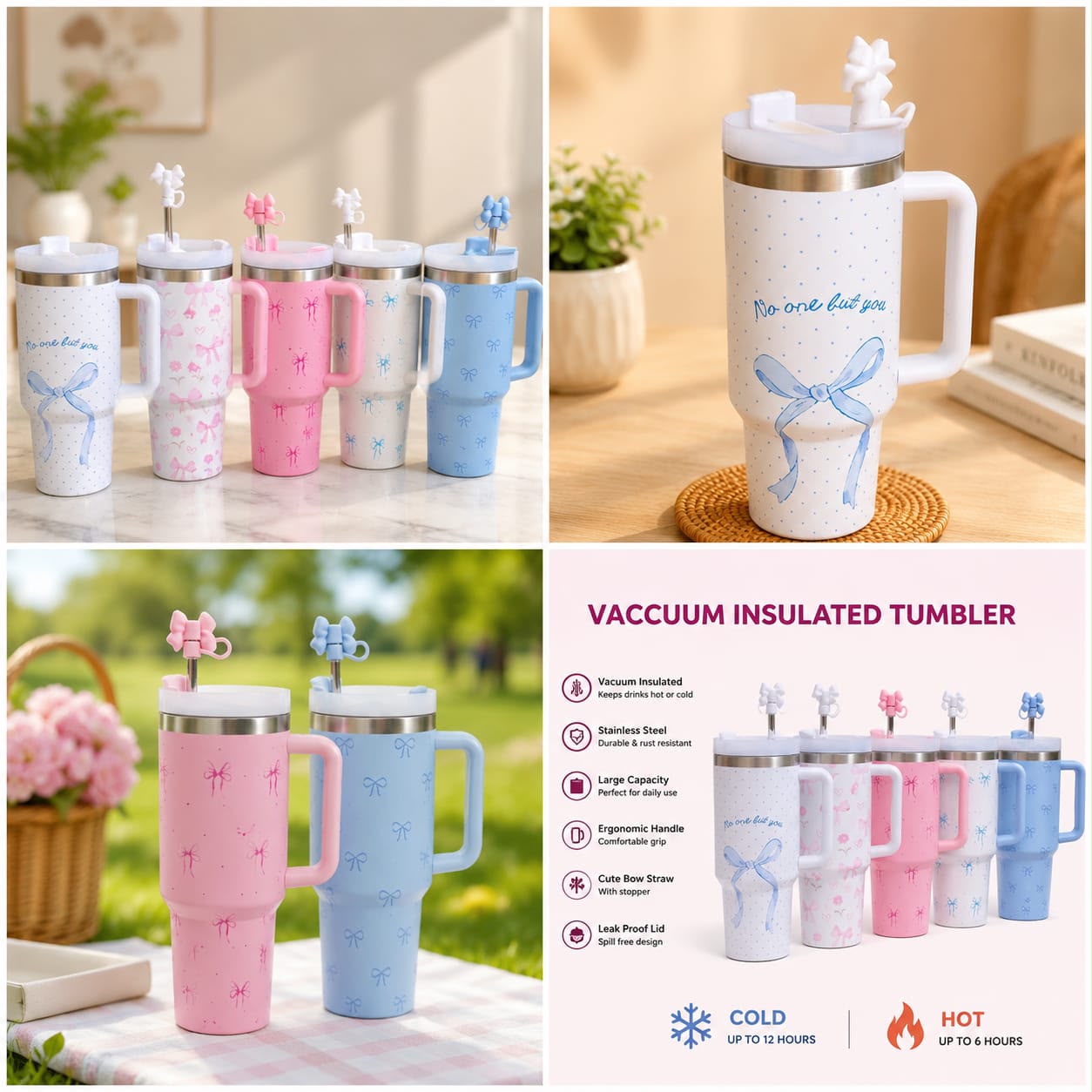 Vacuum Insulated Tumbler with Cute Bow Straw Stopper