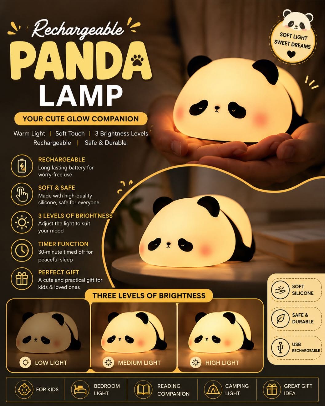 Rechargeable Cute Panda Silicone Night Lamp – 3 Brightness Levels