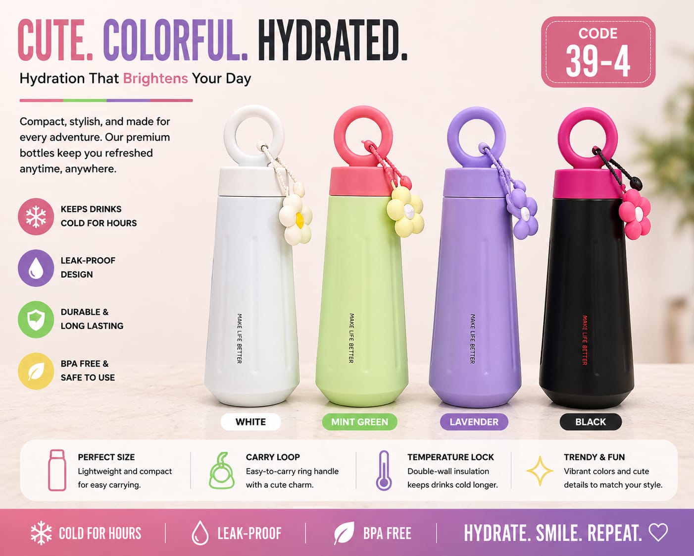 Cute Ring Handle Insulated Water Bottle