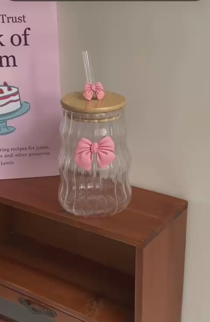 Mason Jar Bow Glass Tumbler – 450ml (Borosilicate Glass) (Random Colors)
