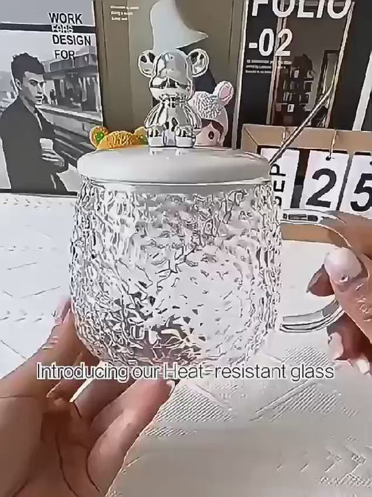 Textured Glass Mug with Bear Lid & Spoon