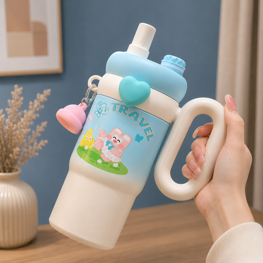 Cute Kids Insulated Water Bottle with Straw & Handle -850ml - Stainless steel