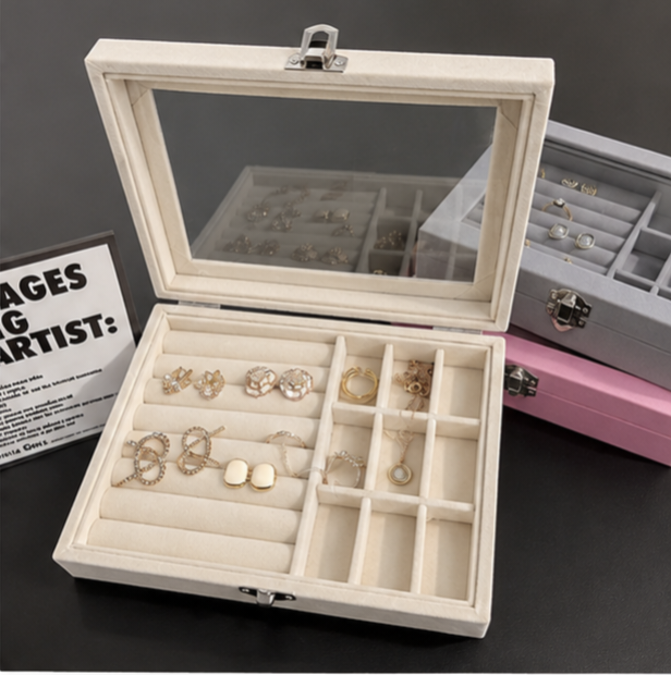 Premium Velvet Jewelry Storage Box with Glass Lid