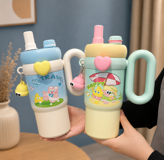 Cute Kids Insulated Water Bottle with Straw & Handle -850ml - Stainless steel