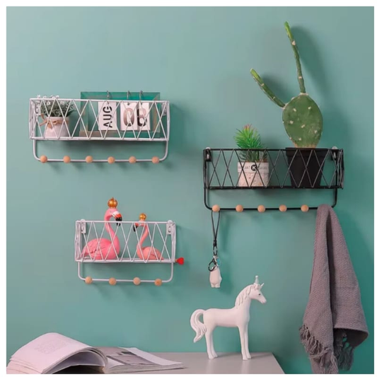 Wall-Mounted Metal Storage Basket with Hooks