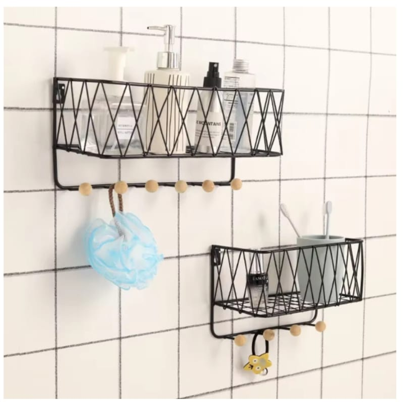 Wall-Mounted Metal Storage Basket with Hooks