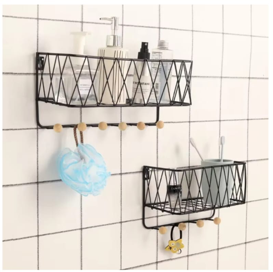 Wall-Mounted Metal Storage Basket with Hooks