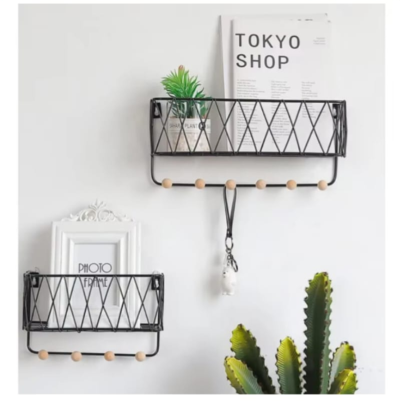 Wall-Mounted Metal Storage Basket with Hooks